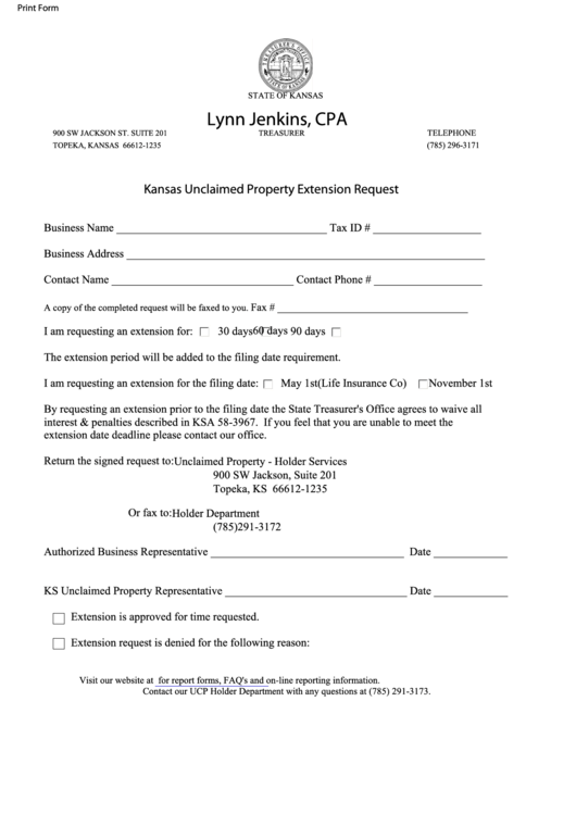 Fillable Kansas Unclaimed Property Extension Request Form Printable pdf