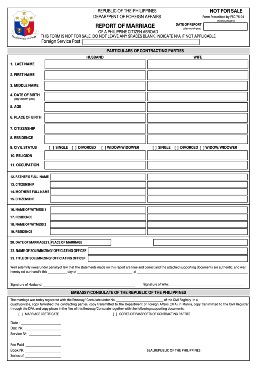 Fillable Report Of Marriage Of A Philippine Citizen Abroad Form Printable pdf