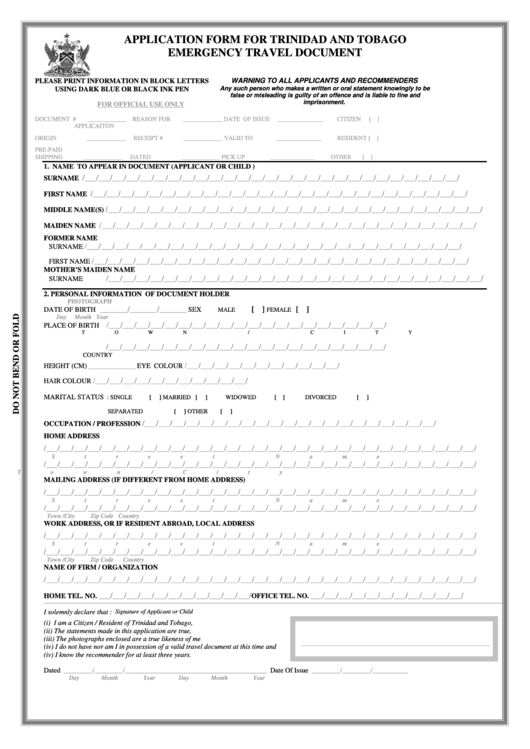 Application Form For Trinidad And Tobago Emergency Travel Document Printable pdf