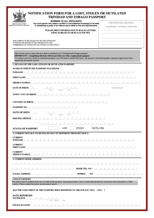 Notification Form For A Lost, Stolen Or Mutilated Trinidad And Tobago Passport Printable pdf