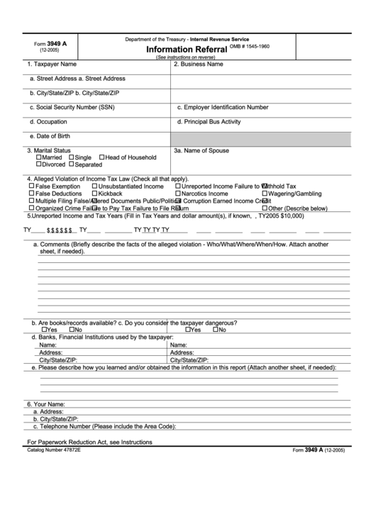 Fillable Form 3949 A - Information Referral Form - Department Of Treasury(2005) Printable pdf