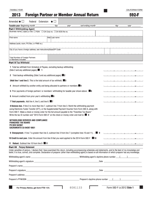 Fillable California Form 592-F - Foreign Partner Or Member Annual Return Form - 2013 Printable pdf