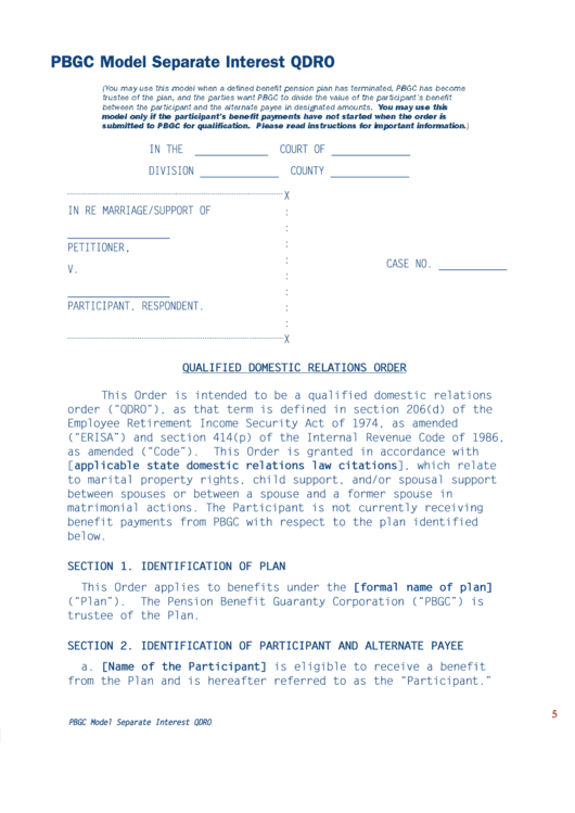 Pbgc Model Separate Interest Qdro Qualified Domestic Relations Order Printable Pdf Download