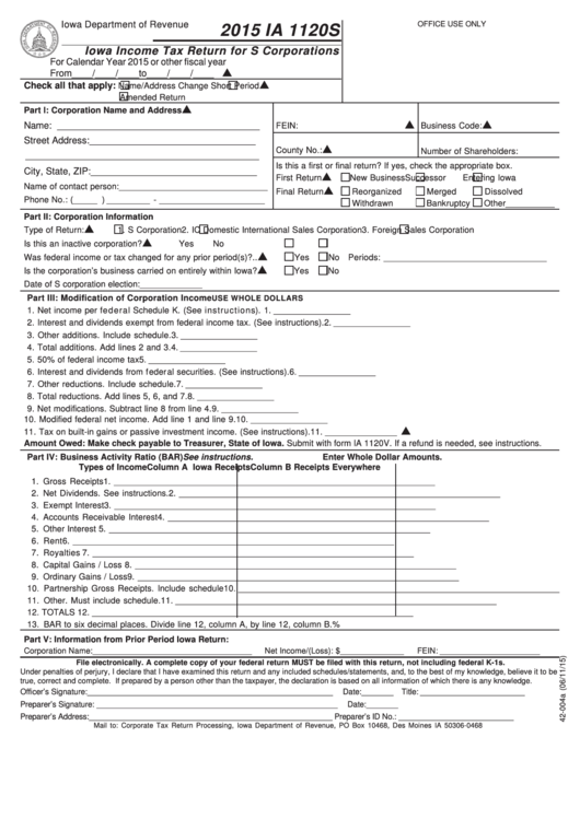 Fillable Form Ia 1120s - Iowa Income Tax Return For S Corporations - 2015 Printable pdf