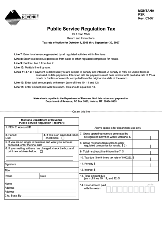 Fillable Public Service Regulation Tax Form - Montana Department Of Revenue Printable pdf