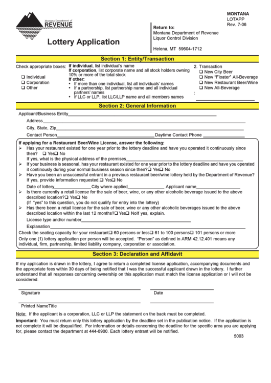 Montana Form Lotapp 5003 - Lottery Application Printable pdf
