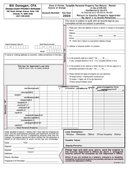 Tangible Personal Property Tax Return Form - Rental Form Printable pdf