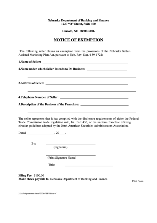 Fillable Notice Of Exemption Form - Nebraska Department Of Banking And Finance Printable pdf