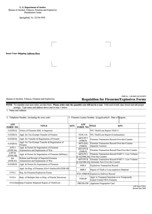 Fillable Atf Form 1370.2 - Requisition For Firearms/explosives Forms Printable pdf