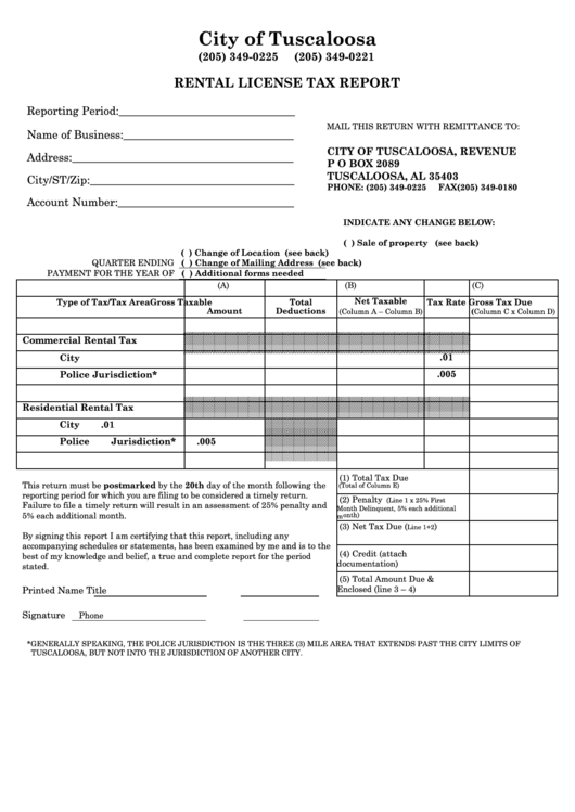 Fillable Rental License Tax Report Form - City Of Tuscaloosa Printable pdf