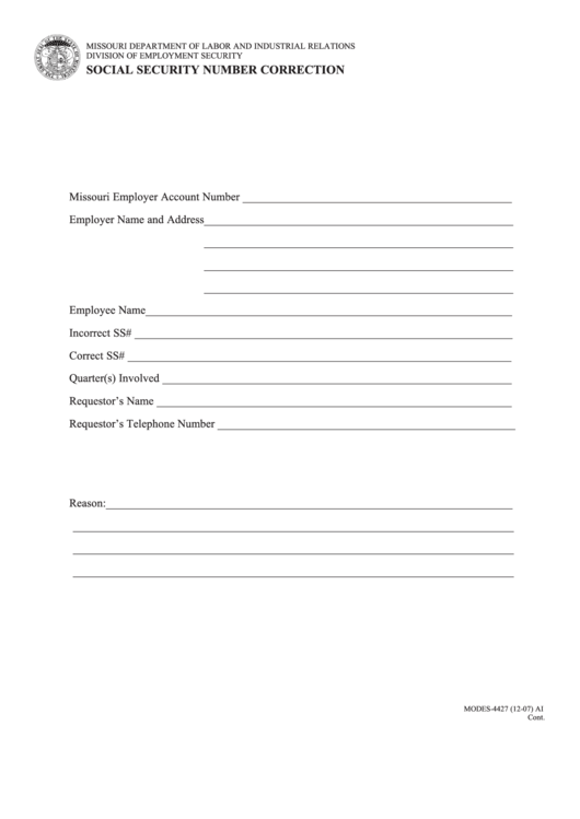 Fillable Form Modes-4427 12/07 - Social Security Number Correction Form - Missouri Department Of Labor And Industrial Relations Printable pdf