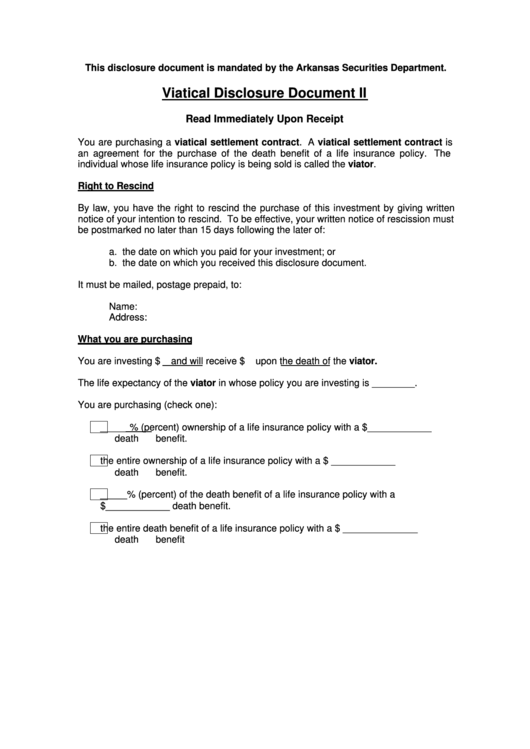 Viatical Disclosure Document Ii Form - Arkansas Securities Department Printable pdf