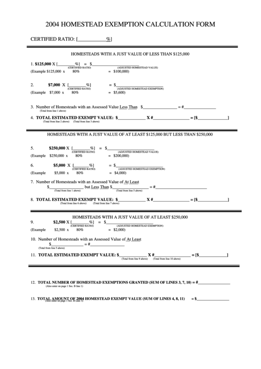 2004 Homestead Exemption Calculation Form Printable pdf