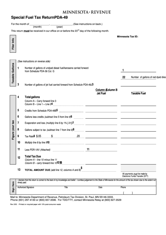 Form Pda-49 - Special Fuel Tax Return - 2002 Printable pdf