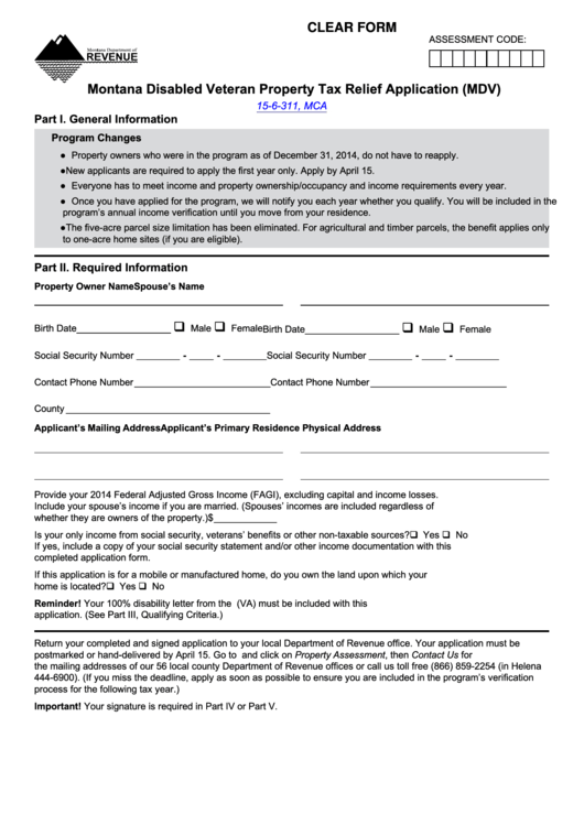 Fillable Ppb-8a (Mdv) - Montana Disabled Veteran Property Tax Relief Application (Mdv) Form Printable pdf