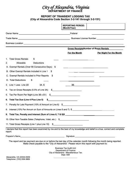 Fillable Report Of Transient Lodging Tax City Of Alexandria Virginia Printable Pdf Download