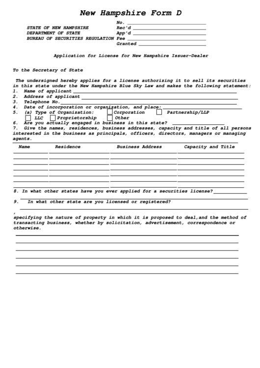 Form D - Application For License For New Hampshire Issuer-dealer