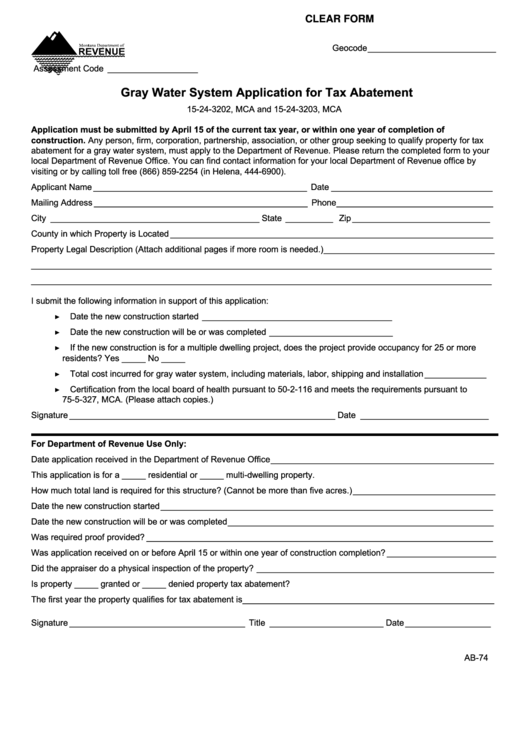 Fillable Gray Water System Application For Tax Abatement Form Montana Printable pdf