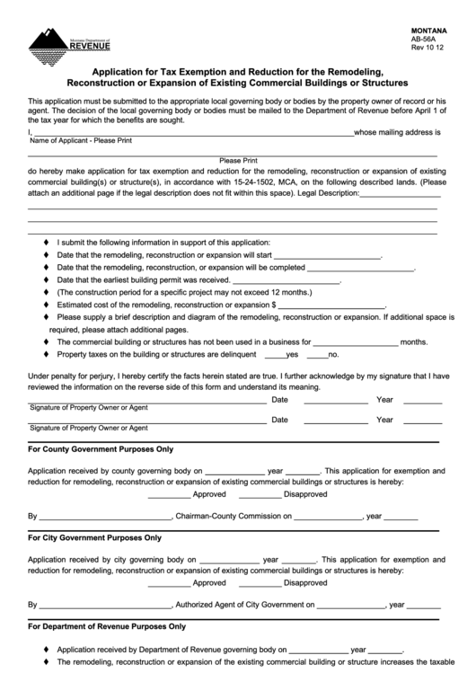 Form Ab-56a - Application For Tax Exemption And Reduction For The Remodeling, Reconstruction Or Expansion Of Existing Commercial Buildings Or Structures Printable pdf