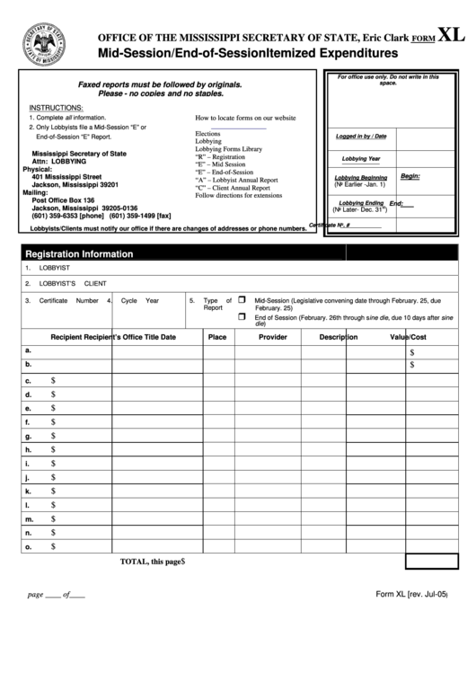 Form Xl - Mid-Session/end-Of-Session Itemized Expenditures - 2005 Printable pdf