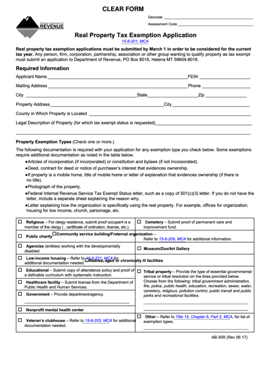 Fillable Real Property Tax Exemption Application Form Montana Printable pdf