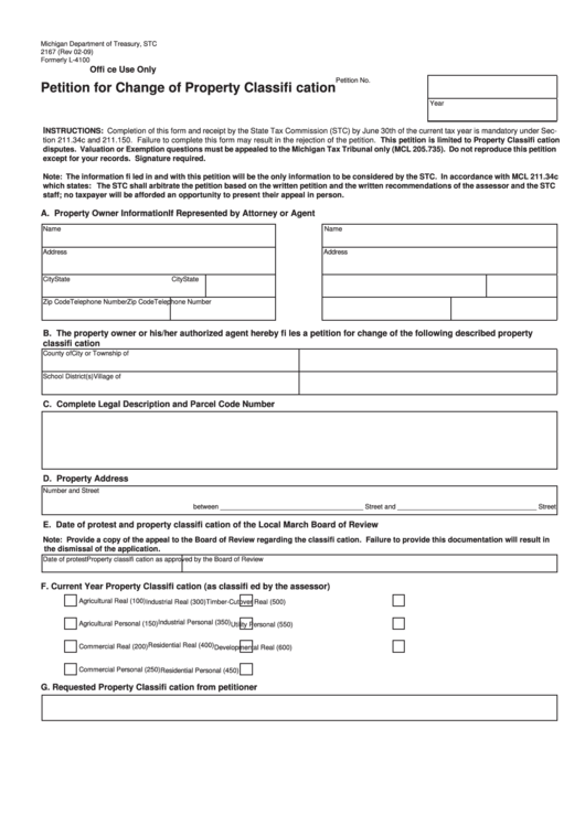 Fillable Petition For Change Of Property Classification Form - Michigan Printable pdf