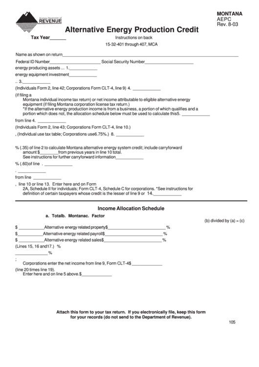 Fillable Montana Form Aepc Alternative Energy Production Credit Form