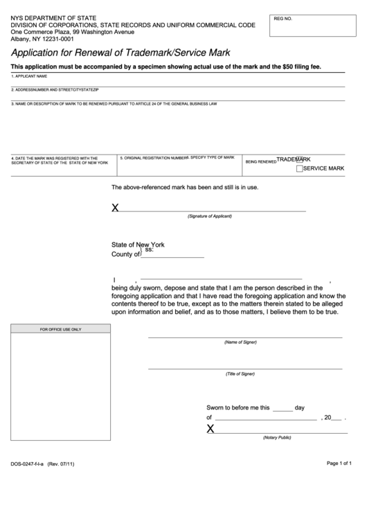 Fillable Form Dos 247-F-L-A - Application For Renewal Of Trademark/service Mark Printable pdf