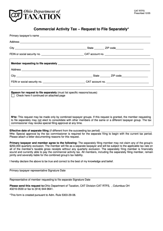 Commercial Activity Tax Form - Request To File Separately - Ohio Department Of Taxation Printable pdf