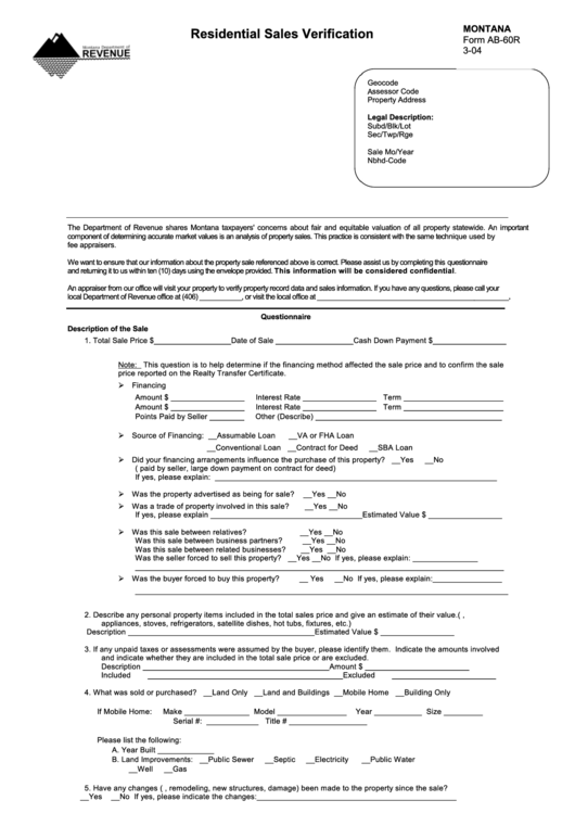 Fillable Montana Form Ab-60r - Residential Sales Verification Printable pdf