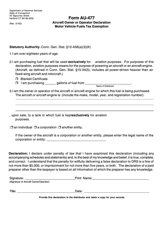Form Au-477 - Aircraft Owner Or Operator Declaration Motor Vehicle Fuels Tax Exemption Form - State Of Connecticut - Department Of Revenue Services Printable pdf