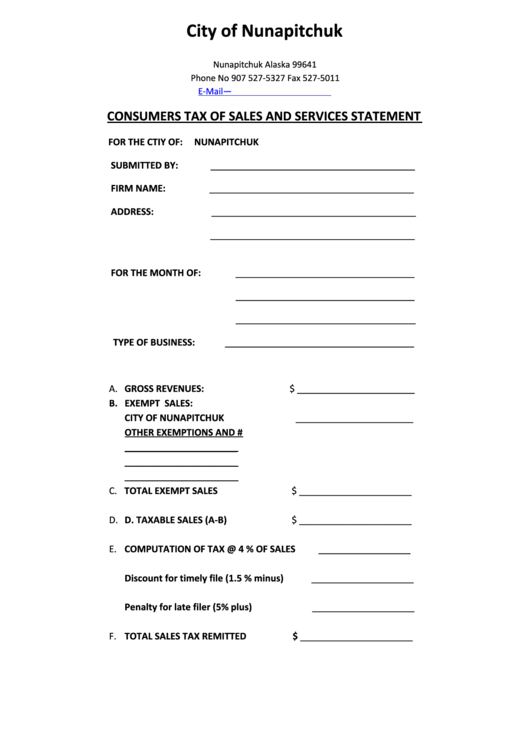 Consumers Tax Of Sales And Services Statement Template - City Of Nunapitchuk, Alaska Printable pdf