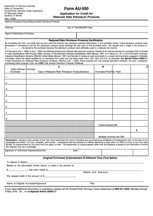 Form Au-550 - Application For Credit For Reduced Rate Petroleum Products - State Of Connecticut Department Of Revenue Services Printable pdf