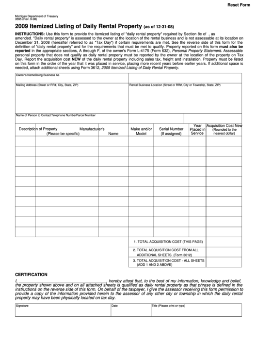 Fillable Form 3595 - Itemized Listing Of Daily Rental Property - 2009 Printable pdf