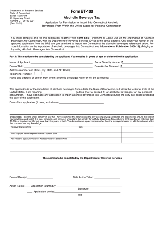 Form Bt-100 - Alcoholic Beverage Tax - Application For Permission To Import Into Connecticut Alcoholic Beverages Printable pdf