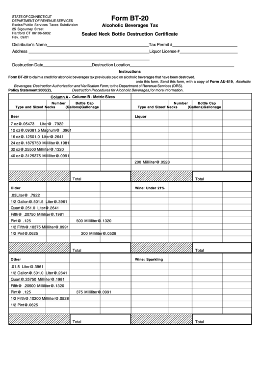 Form Bt-20 - Alcoholic Beverage Tax - Sealed Neck Bottle Destruction Certificate - 2001 Printable pdf