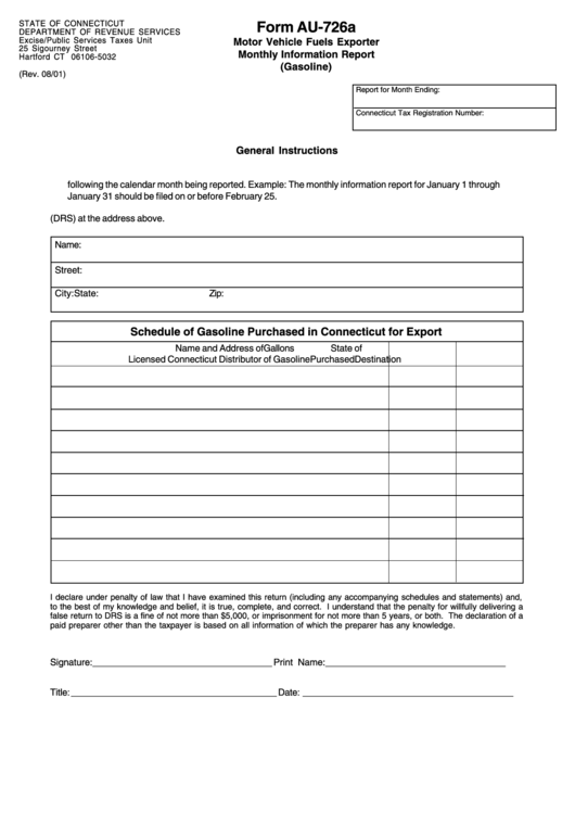 Form Au-726a - Motor Vehicle Fuels Exporter Monthly Information Report Form (Gasoline) Printable pdf