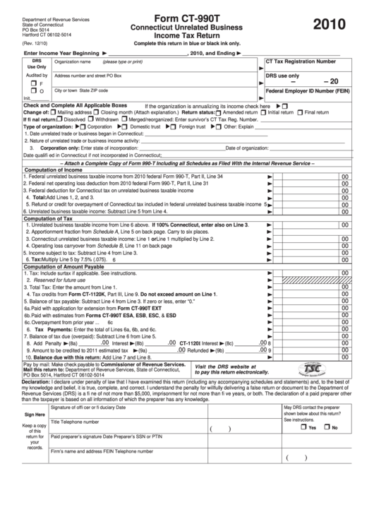 Form Ct-990t - Connecticut Unrelated Business Income Tax Return - 2010 Printable pdf