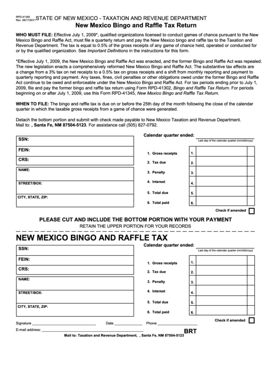 Form Rpd-41345 - New Mexico Bingo And Raffle Tax Return - 2011 Printable pdf