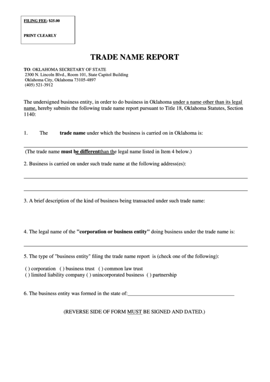 Fillable Trade Name Report Form - Oklahoma Secretary Of State Printable pdf