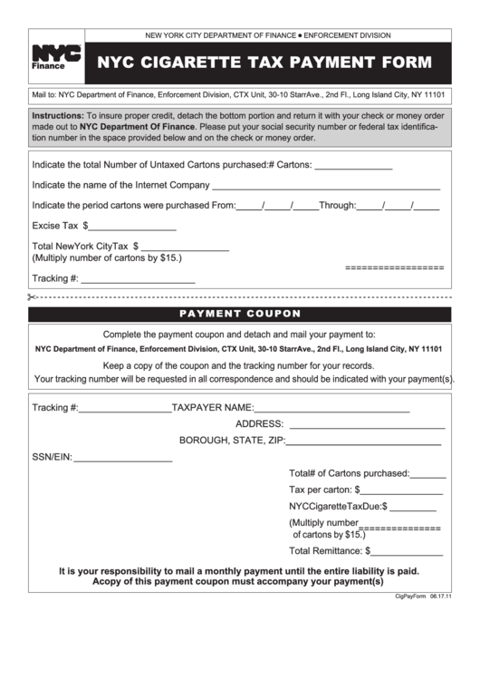 Nyc Cigarette Tax Payment Form Printable pdf