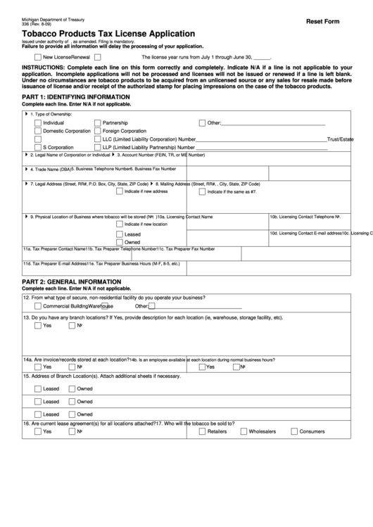Fillable Form 336 - Tobacco Products Tax License Application - 2009 Printable pdf