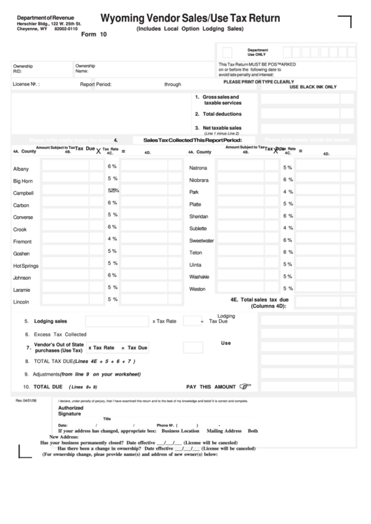 Form 11a - Wyoming Vendor Sales/use Tax Return, Ets Form 10a - Wyoming Vendor Sales/use Tax Return Printable pdf