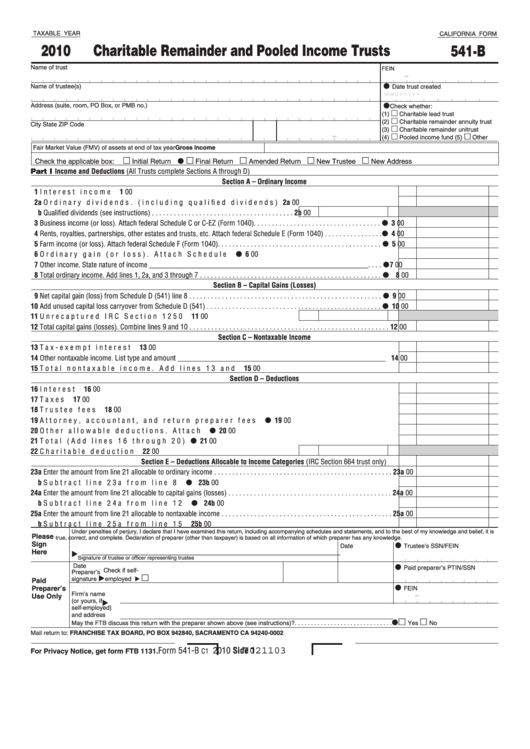 Fillable California Form 541-B - Charitable Remainder And Pooled Income Trusts - 2010 Printable pdf