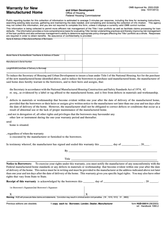 Fillable Form Hud-55014 - Warranty For New Manufactured Home Printable pdf