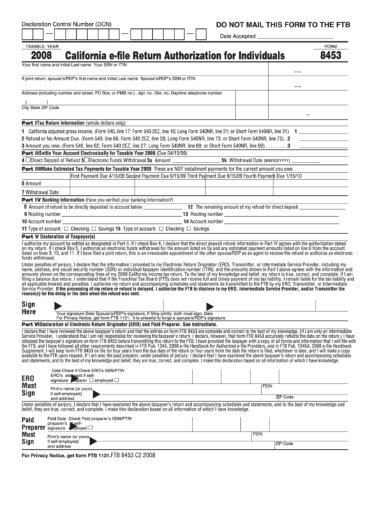 Fillable Form 8453 - California E-File Return Authorization For Individuals - 2008 Printable pdf