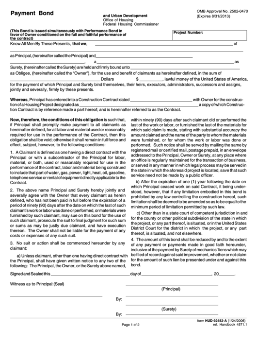 Form Hud-92452-A - Payment Bond Printable pdf