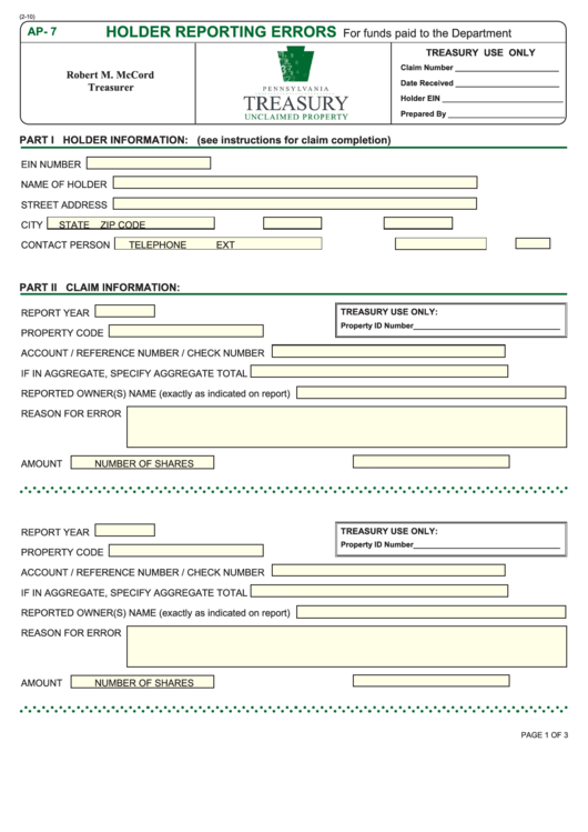 Fillable Form Ap-7 - Holder Reporting Errors Printable pdf