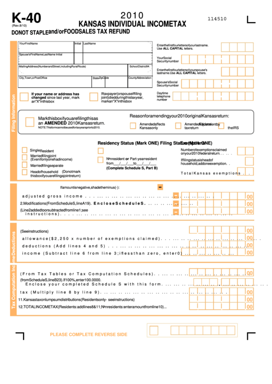 Form K-40 - Kansas Individual Income Tax And/or Food Sales Tax Refund - 2010 Printable pdf