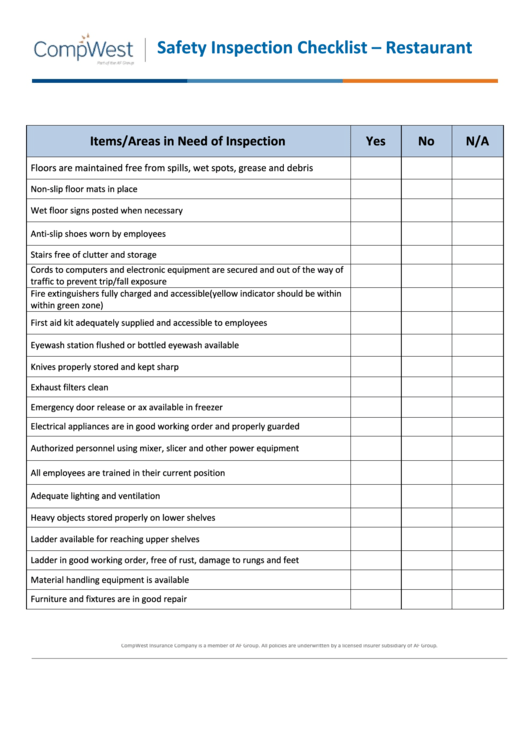 Safety Inspection Checklist Template - Restaurant Printable pdf